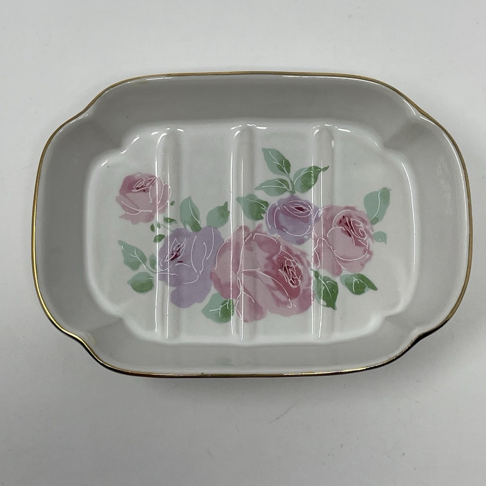 Vintage Ceramic Soap Dish Pink Purple Roses Gold Trim Made in Japan Vanity Tray